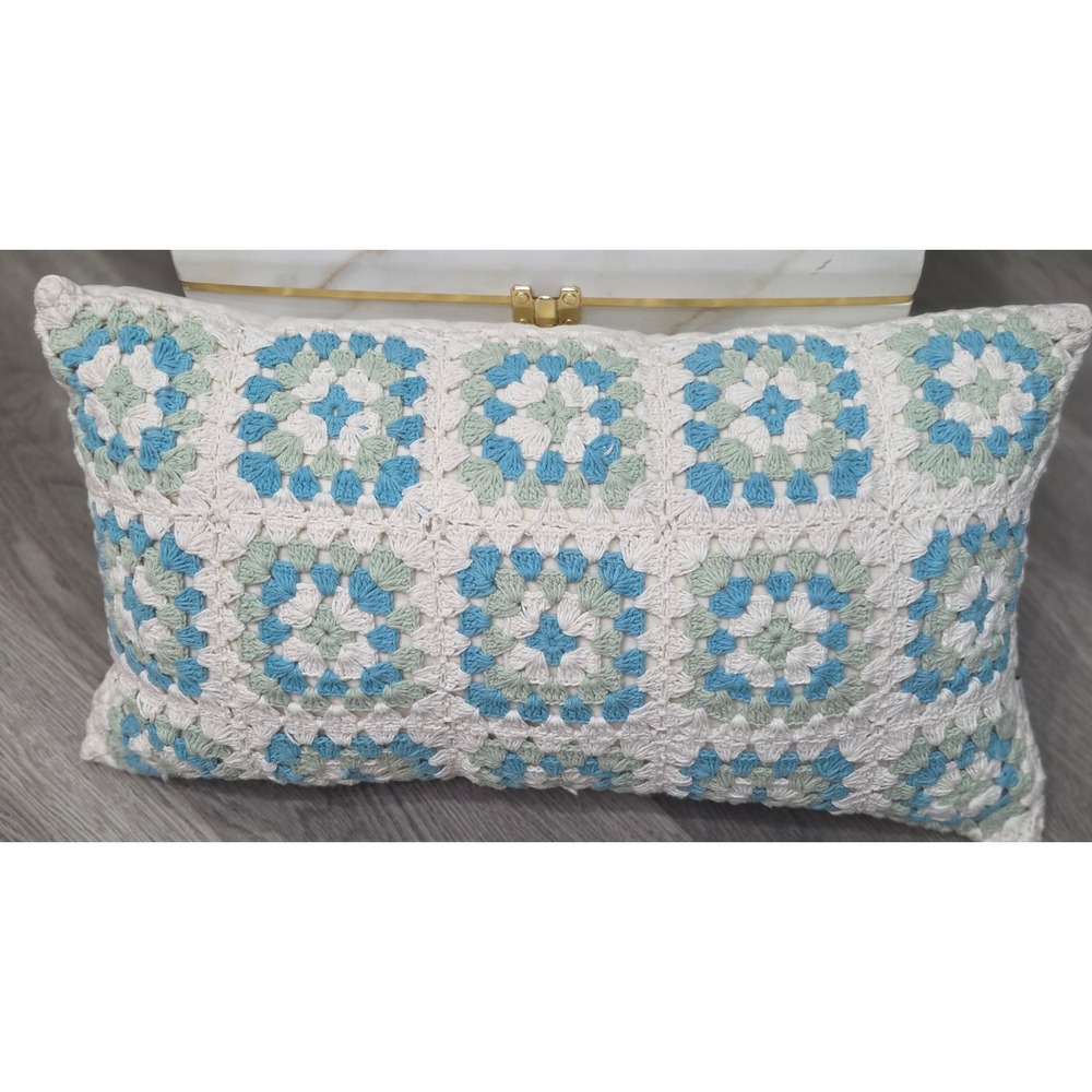 London Kaye Crochet Granny Square Lumbar Pillow Blue White Green Accent - Picture 3 of 7